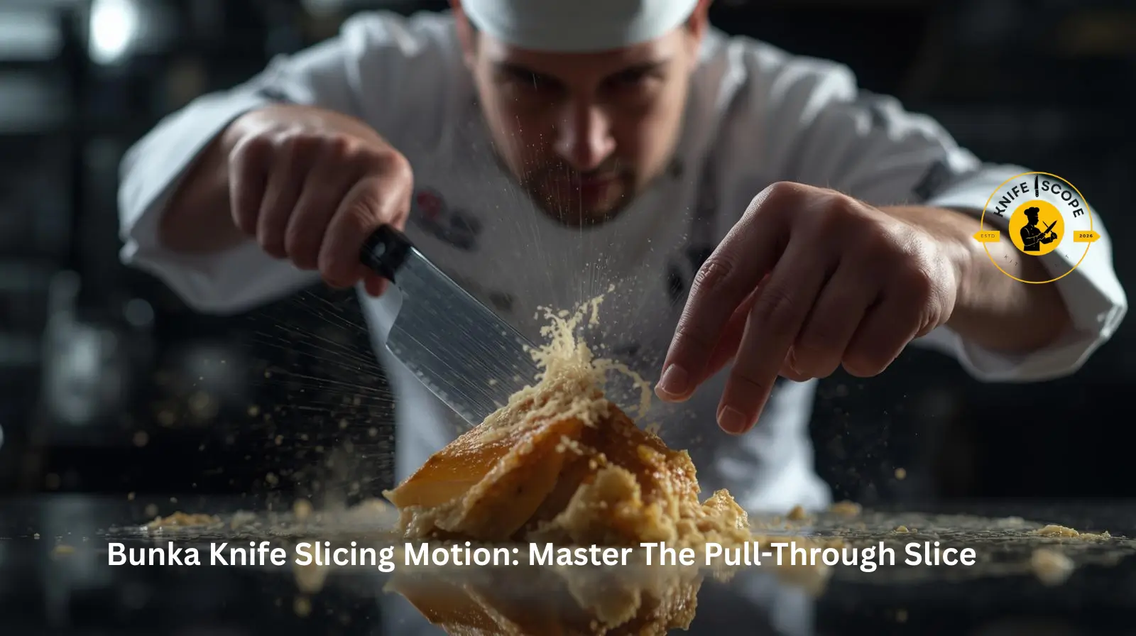 Chef slicing through food ingredients